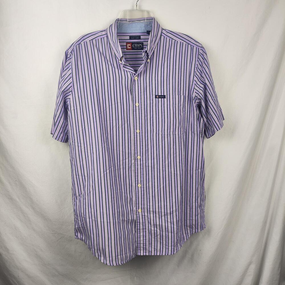 Chaps Shirt Mens Medium Purple Stripe Short Sleeve Button Down Easy Care